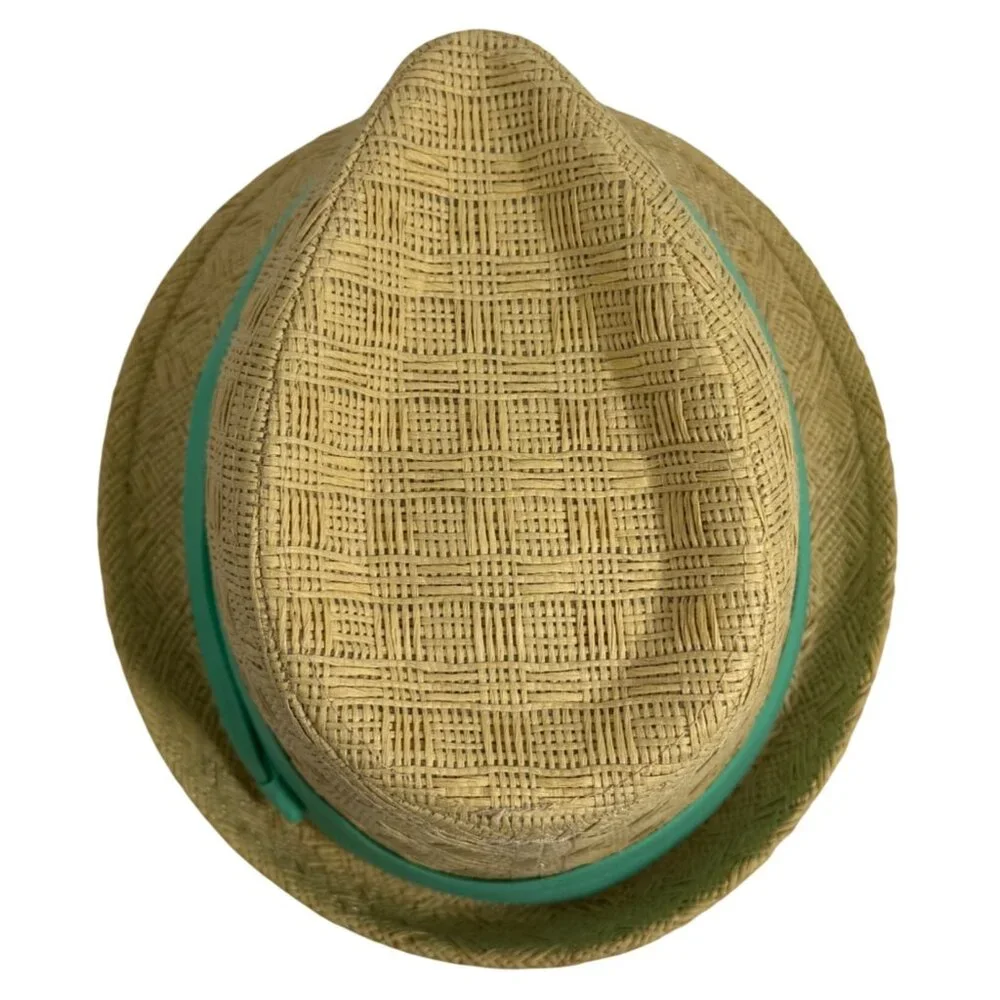 C.C Exclusives Woven Straw Fedora Hat Green Band S/M Lightweight Summer EUC